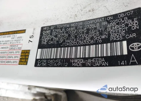 2008 Toyota Prius z USA, uszkodzony, nr VIN JTDKB20U383308176